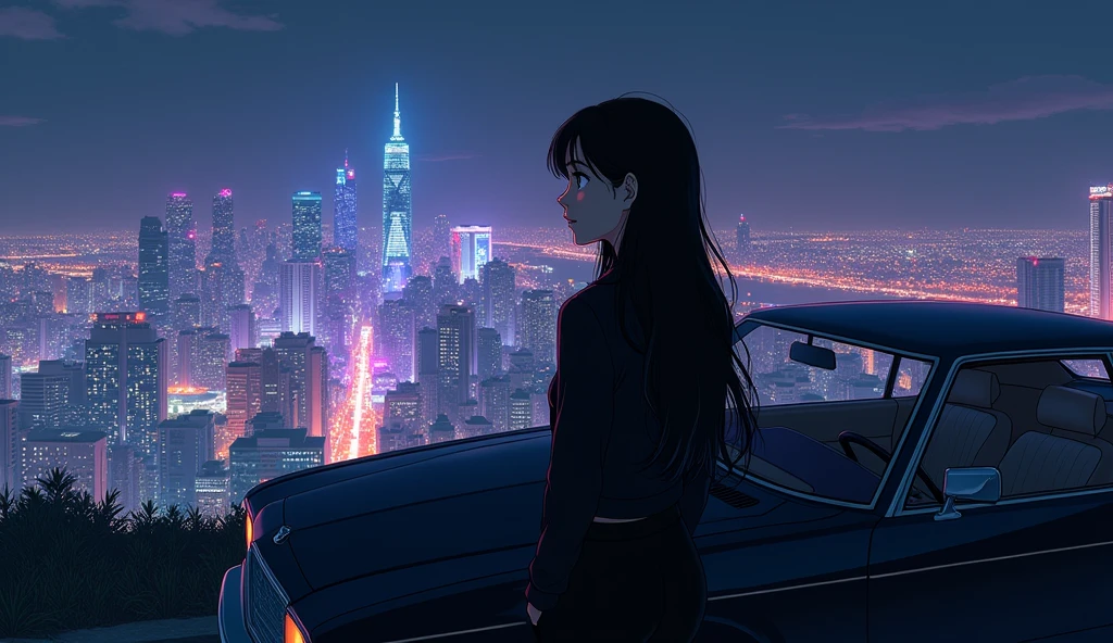 car、carに寄りかかって夜景を眺める黒色の髪を持つ女, The view of the city is like a night view., Cool black outfit, neon, Hard Shadows, masterpiece, Highest quality, Complex, Scenery is the main thing, Vintage, Film Grain, Incomplete details,City Pop,Retro Pop,1980s anime illustration style