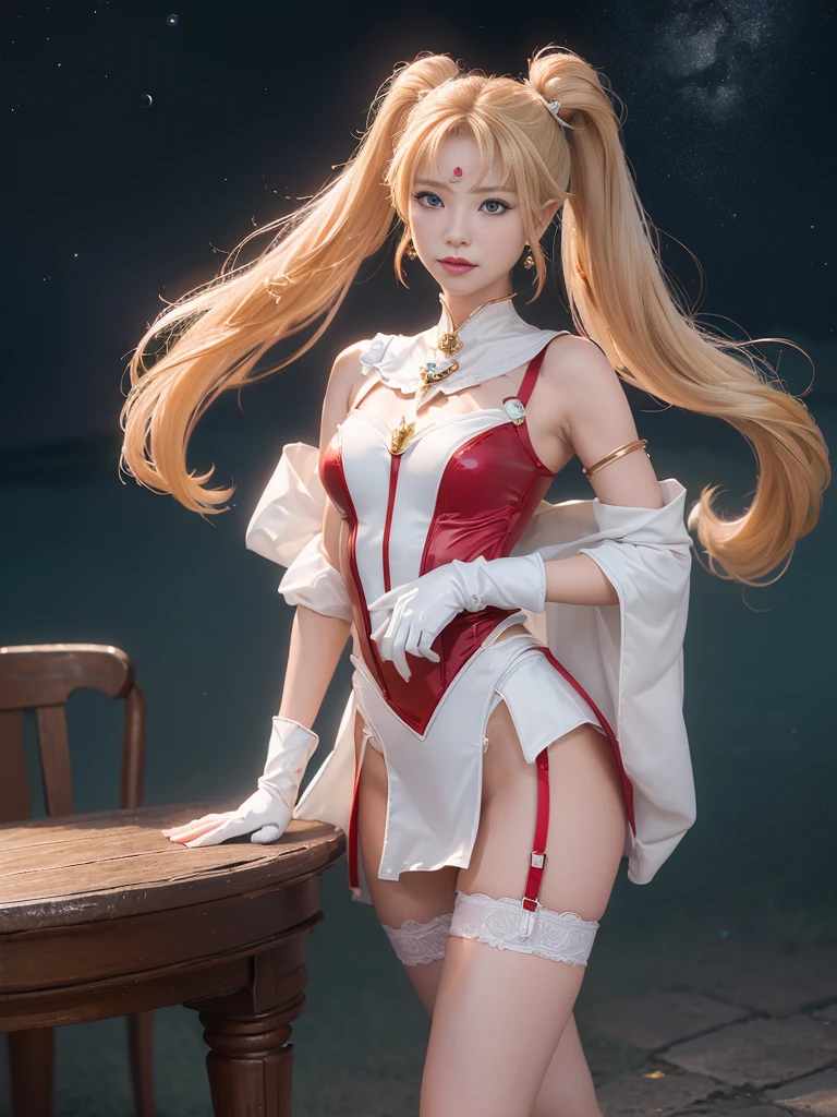 NSFW,table top、full:1.3、stand、8k、。.3d、realistic、super micro photography、highest quality、Wallpapers with extreme details CG Unity 8k、from below、intricate details、(1 female)、2、(sailor moon:1.6 Super Bishoujo Senshi sailor moon Mer1、Nether Warm Wind,land、sailor warrior uniform Sailor:1.5、sailor moon:1.5,Eternal sailor moon)、(Incredibly long and bright blonde pigtails:1.4、thin and very long straight twin tail blonde, bun hair、Red round hair ornament for bun hair)、((sailor warrior uniform、sailor color,pray miniskirt:1.5、Glossy pleated mini skirt:1.3、big red ribbon on the chest,,,,,、white long latex gloves,red gloves on the elbows、A gorgeous golden tiara on the forehead、ear nipple rings,Gorgeous Golden Jewels))、Extremely thin and fitted high gloss white holographic leather、High-gloss white latex high-leg swimsuit that shines like oil,(facial details:1.5、bright blue eyes、Beautifull expression、beautidfull eyes、Iris overview, shining eyes、thin lips:1.5、thin and sharp pale eyebrows,、long and thick eyelashes、double eyelashes、thin, thin and muscular,,,、small face、tall and big breasts、perfect proportions、big breasts thin waist、sexy model posing、dynamic pose,Visible pores、enchanting smile、perfect hands:1.5、octane rendering、very dramatic picture、(The divinity of the moon,space background、moonlight rays、moon、dynamic background、exquisite light and shadow、dynamic angle、detailed background),strong natural light、sunlight、Digital single-lens reflex camera、sharp focus: 1.0、Maximum clarity and sharpness