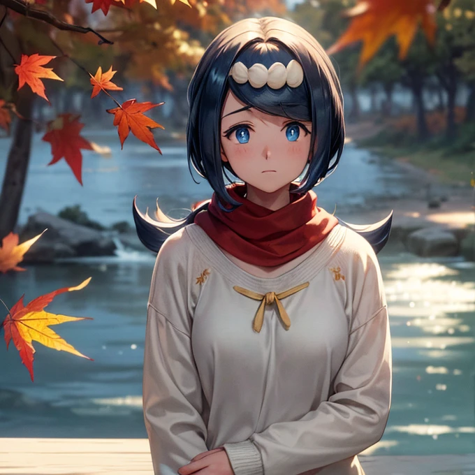 (masterpiece), Highest quality, Very detailed, figure, Warm lighting, Soft lighting, Bright colors, 1 person, alone,( beautiful girl, Long Hair, blue eyes, ribbon, Brown Hair, Hair between the eyes, hair ribbon, Side Lock, very Long Hair, Messy Hair,) , autumn, Lots of maple trees, maple leaf, Golden Leaf, autumn leaves, Dry leaves, river,  Fresh air,  peace, Cool breeze , Sweater Weather,( Wear a white or brown sweater, Red scarf, melancholyなautumn, Lost in Thought, melancholy, sad ,Worried, longing,)