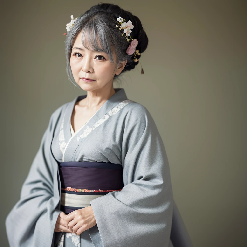One old lady、High resolution, Gaze, solo, Gray Hair、accurate, Highest quality, masterpiece, Simple Background, kimono、Kimono、Fuji frame, Japanese hairstyle,