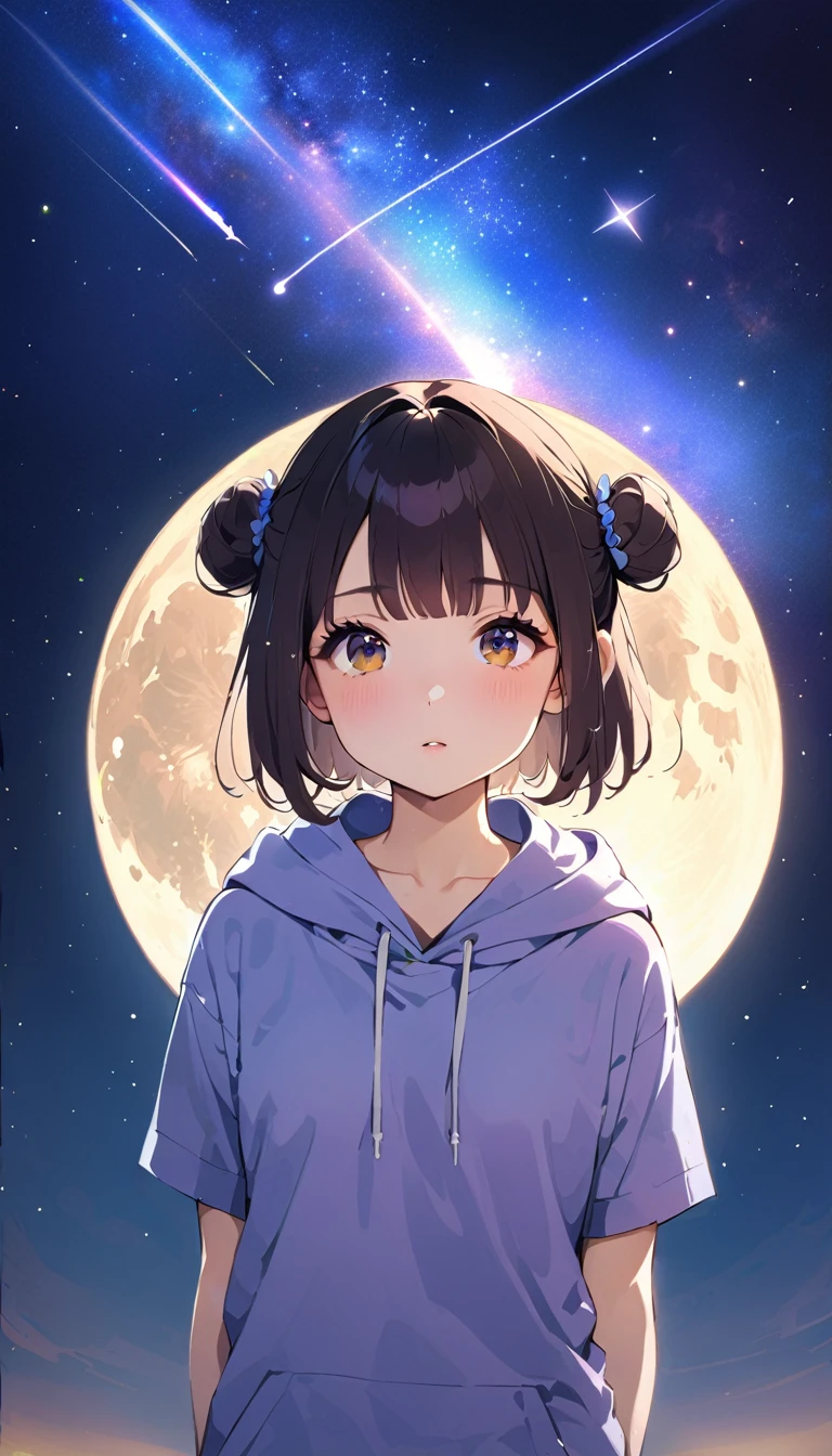 (((masterpiece, Highest quality, One person, alone))), (((two side bun hairstyle, Brown Hair, Round eyebrows, bangs, Beautiful Eyes, Black Eyes))), (smug face, proud face, duck mouth, smug face, Close your mouth, Red round cheeks, Mouth ω) View your viewers, 1, (((Navy blue hoodie, Purple hoodie strings), Dark blue long boots)), Small breasts, ((whole body, arms behind)), from the front, full moon, Beautiful galaxy in the sky, shooting star, Many faint particles of light on the entire screen,