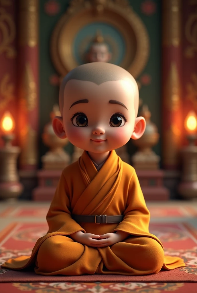 a cute little buddhist monk, detailed face, detailed eyes, detailed lips, detailed facial features, young boy, robed in traditional buddhist attire, sitting in a meditative pose, peaceful expression, serene atmosphere, intricate and ornate temple interior, warm lighting, glowing candles, detailed textures, high quality, photorealistic, 8k, masterpiece