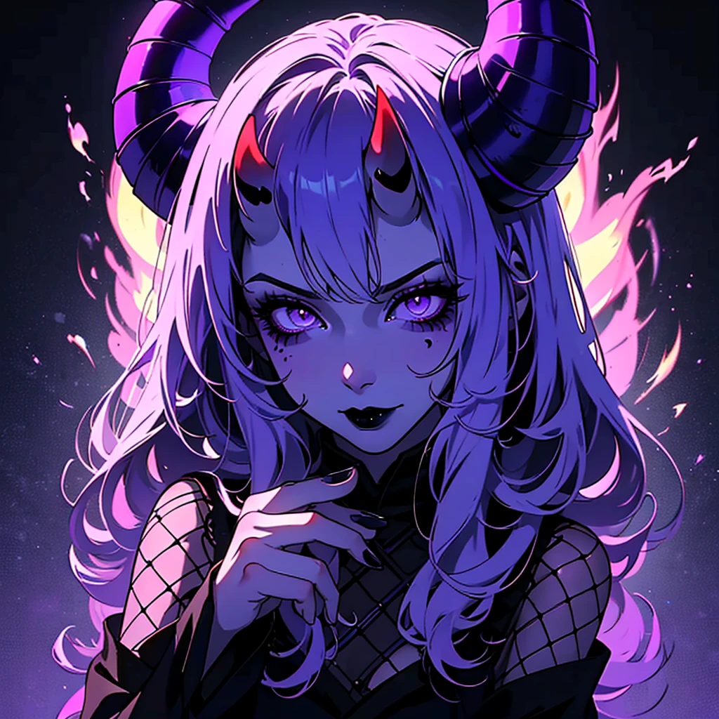 Masterpiece, best quality, high quality, (full body shot:1.3), solo anime portrait, female, 1girl, (bold daring black goth outfit with a black skirt and fishnets:1.4), (black glowing purple highlights:1.5), (purple smoke and flames around her:1.6), (oni horns:1.6), she is stunning and super beautiful, goddess like appearance, `(gradient_glowing_purple_siren_eyes:1.5), (beautiful flower tattoo:1.4), rings, demonic, divine, hellish, darkness, effeminate, JRPG art, trending on caravaggio, intrinsicated and detailed smug smirk, looking at camera, face focus, highly-detailed, top lightning, trending on pixiv, HD digital, 32k,