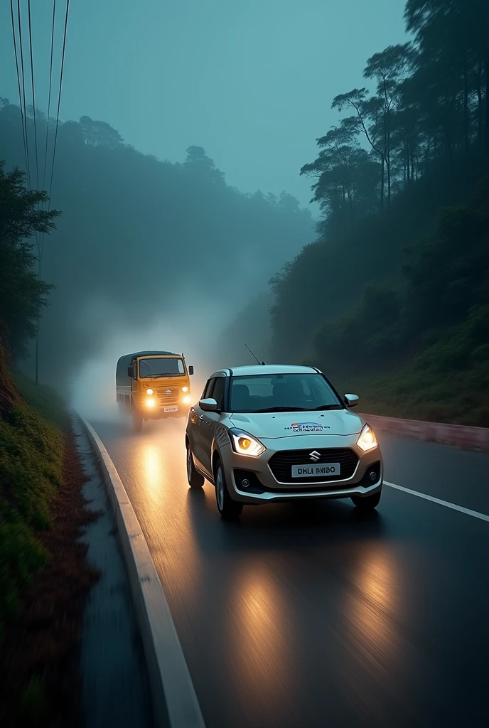 Suzuki Swift racing at Kerala road mvd is chasing in Bolero night with fog