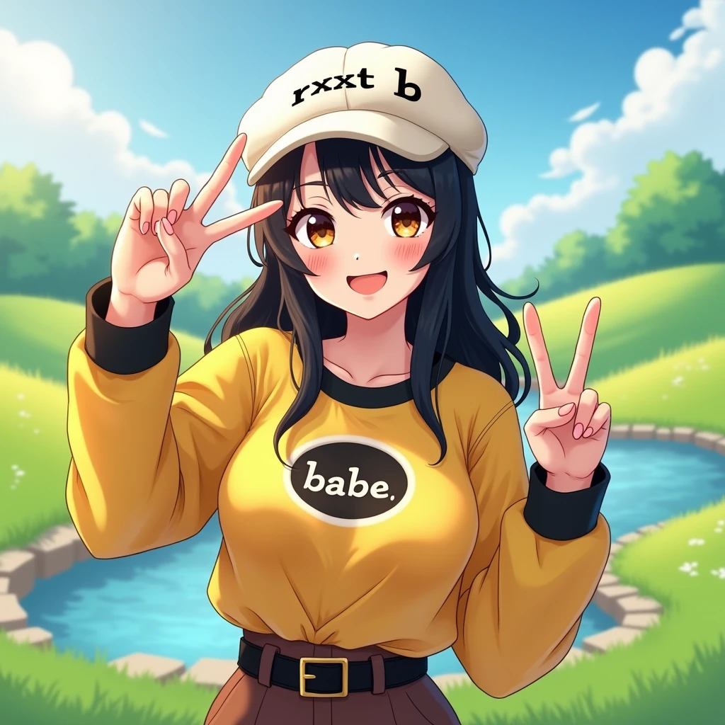 A selfie of a black-haired girl wearing a fluffy white cap with black letters embroidered on it. "Rxt B" The young woman is smiling and making a peace sign with her right index and middle fingers. She is wearing a yellow long-sleeved shirt with black trim. The center of the shirt has a small circular opening with white letters that read: "babe"  เธอยังสวมกางเกงขายาวสีน้ำตาลเข้ม มีเข็มขัดสีดำอยู่ด้านบน เธอถ่ายรูปตัวเองกลางแจ้ง พื้นหลังเป็นทุ่งหญ้าเขียวขจี มีน้ำขังเป็นแอ่งเล็กๆ  ท้องฟ้าสีฟ้ามีเมฆสีขาวเล็กน้อย แสงส่องมาจากด้านบน ด้านหลังของเธอมีแสงแดดส่องถึง เธอมีใบหน้าหวาน อ่อนเยาว์ มีนัยน์ตาสีน้ำตาล ริมฝีปากสีชมพู เธอมีผิวขาวอมชมพู  ภาพถ่ายมีโทนสีสดใส ให้รูปภาพออกมาดูเป็นธรรมชาติ high resolutionสุด, high resolution, best quality, realistic textures, very detailed, high resolutionสุด, 