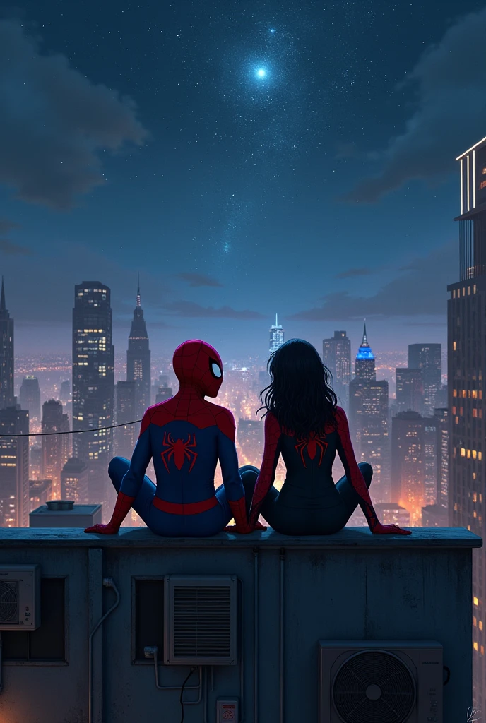 spiderman miles moralles with Gwen Stacy
sitting on a building in starry night
