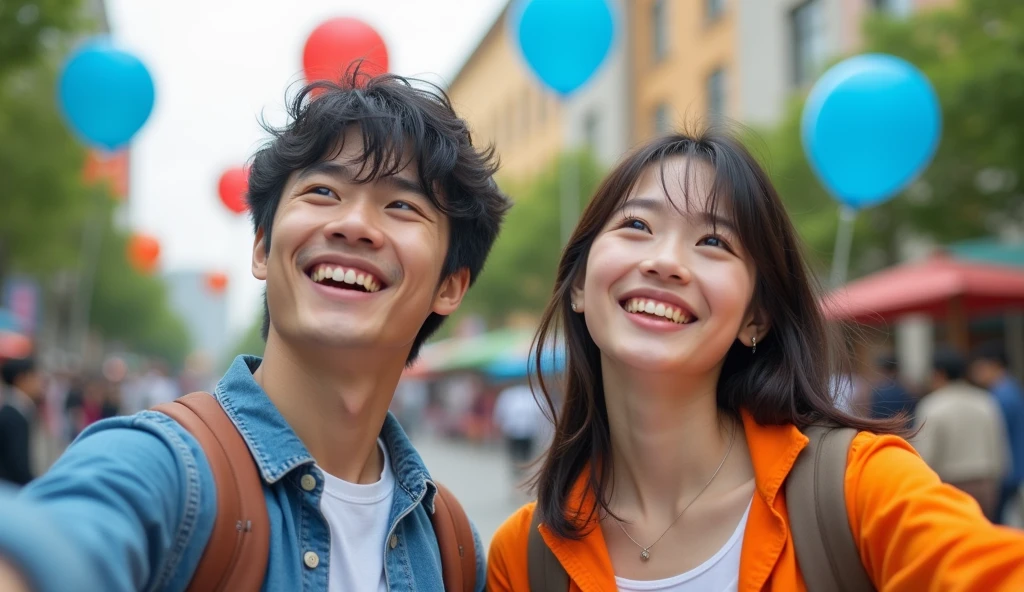 Two Japanese university students, one male and one female, dressed in bright clothes, are looking into the distance with cheerful expressions in a square,Excited, Photo of your face, Blue and red balloons floating in the background, with a natural look, With a slightly tired look, tilt your face a little, Diagonal orientation, Average face