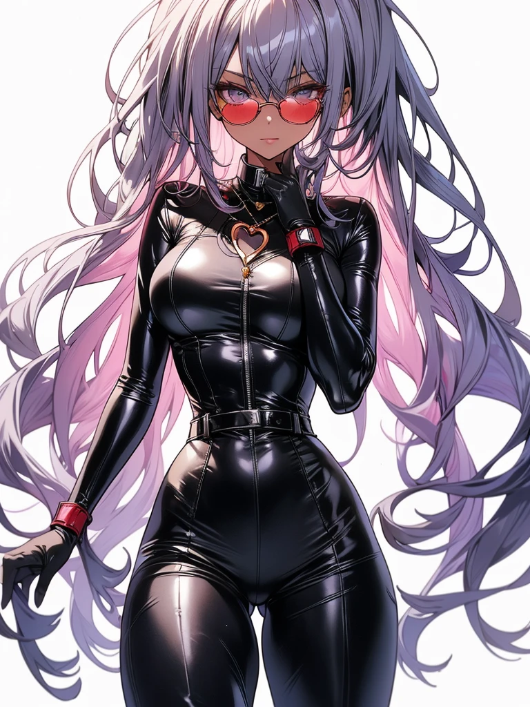 artwork, (Best quality), (Best illustration), (symmetrical art) full body image, single, solo, 1 adult woman with perfect body, beautiful eyes red, detailed eyes, pretty face, beautiful silver hair, heart shaped sunglass, perfect face, beautiful and delicate dark skin, wearing skin-tight superhero jumpsuit, black jumpsuit with no neckline and gold details, (matching and symmetrical jumpsuit), super tight and detailed superhero jumpsuit , golden star symbol on the chest of the jumpsuit, tight golden belt, golden gloves and boots, matching gloves and boots, 1 long and detailed matching cape, serious look, front body, ((white background)), simple background.