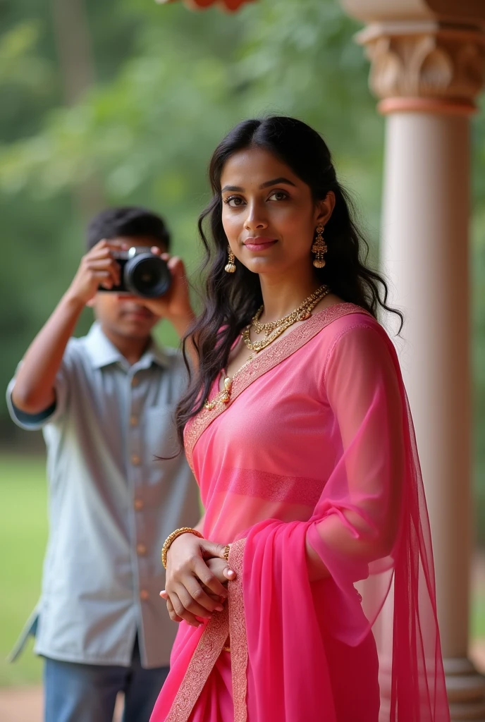 One 3 indian woman wears pink colour transparent saree and blouse, looking at camera and standing infront of a 2 indian boy wears white tshirt who holds camera in hand, and clicking her photos.