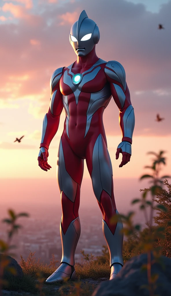 Ultraman stands tall against a vast, twilight sky, his silver and red armor gleaming softly in the fading light. The distant hum of the city below is barely audible, replaced by the gentle rustling of leaves as a breeze sweeps across the landscape. His glowing eyes reflect the last rays of the sun, embodying both immense power and a serene, protective calm. The towering hero’s posture is one of vigilance, yet there’s a deep tranquility in how he stands—rooted to the earth, yet a guardian of the heavens. The harmony between his colossal strength and the peaceful evening atmosphere creates a moment of quiet, awe-inspiring balance, as Ultraman watches over the world with unwavering resolve.