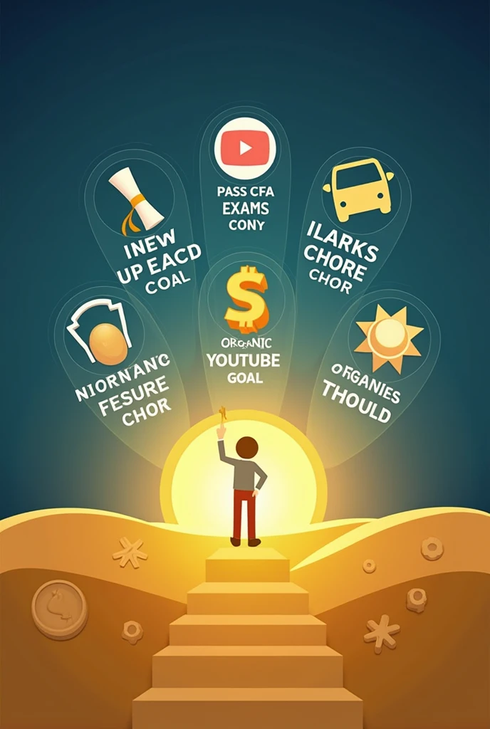 "Design a motivational phone wallpaper that prominently represents the following goals with clear symbols and text:Background:Use a gradient background transitioning from Dark Blue at the top (symbolizing focus and academic achievements) to Gold at the bottom (symbolizing financial success and prosperity).Central Symbols and Layout:CFA Exams: Place a large Diploma Icon or Graduation Cap Icon at the top center, representing passing all levels of the CFA exams on the first attempt.YouTube Subscribers: Include a prominent YouTube Play Button Icon or Subscriber Count Icon slightly below the diploma icon, indicating the goal of achieving 2 million subscribers by 11/4/2027.Financial Success: Feature a large Dollar Sign Icon or Money Bag Icon in the center, symbolizing earning 1 lakh crore dollars by 1/1/2029.Farmland and Buses: Place a Farmland Icon or Farm Icon and a Bus Icon near the lower center, representing owning 500 acres of farmland and a fleet of 100 Volvo luxury buses by 1/1/2035.Organic Products Company: Include a Milk Bottle Icon or Organic Products Icon near the lower left, symbolizing the organic products company.Network: Add a Network or Connections Icon in the lower right corner, symbolizing having the largest network of connections.Text:Place bold, clear text next to each icon to specify each goal:CFA Goal: "Pass All Levels – 1st Attempt"YouTube Goal: "2 Million Subscribers by 11/4/2027"Financial Goal: "Earn 1 Lakh Crore by 1/1/2029"Farmland & Bus Goal: "500 Acres & 100 Buses by 1/1/2035"Organic Products Goal: "Organic Products Company"Network Goal: "Largest Network"Overall Design:Ensure the symbols are large, distinct, and visually appealing. The text should be bold, legible, and positioned clearly next to each symbol for easy reading. The overall design should effectively convey each goal and be motivational."
