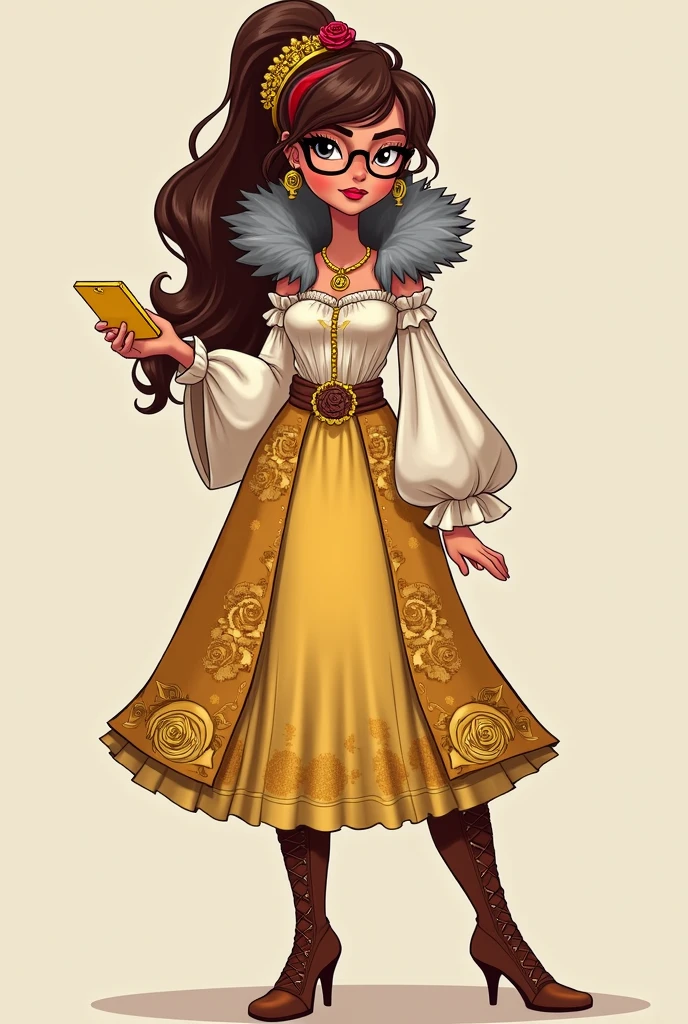 Imagem da filha da Ramona Badwof e da Rosabella Beauty de Ever After High: You must have long, curly brown hair with bangs and red highlights., loose ponytail, Light brown skin, brown glasses with a red rose, long white blouse with yellow and rose designs, golden skirt with golden roses, a faux fur collar around the neck of gray color, brown heeled boot with roses, golden flower tiara on her head and a yellow tablet with a red rose on her arms and a golden wolf pendant