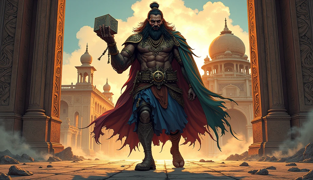  Shakuni, with a cold and determined expression, limps through the grand gates of Hastinapura. His twisted legs and clouded eye add to his menacing aura, while he holds the bone dice in one hand. The majestic palace looms in the background, symbolizing the empire he plans to destroy from within.in comic style 