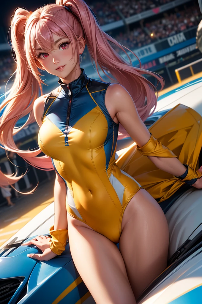 ((best quality, ultra-detailed, high resolution, extremely detailed CG, super detailed, direct light, Most beautiful clean lighting)), 1 girl, beautiful girl, cute girl and idol face, young face, smile, Beautiful long pink hair, twintails, Beautiful shining red eyes, white skin, slender, Short body, Race queens, car racetrack, racing cars, blue and yellow swimsuit-like racing suits,
