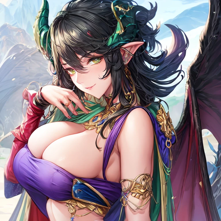 Handsome mature milf dragonborn with black and purple horns,wings,tail and black hair and green eyes with big breasts high details UHD super detail accurate best quality