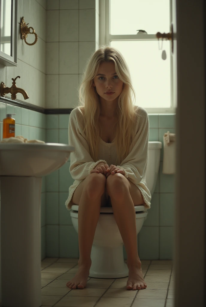 A young Tajik woman 2with blonde hair sitting on a toilet in a bathroom