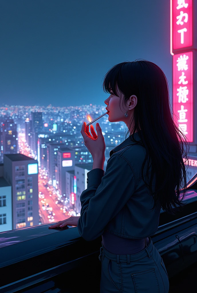 car、carに寄りかかって夜景を眺める黒色の髪を持つ女,The woman is lighting a cigarette,The view of the city is like a night view., Cool black outfit, neon, Hard Shadows, masterpiece, Highest quality, Complex, Scenery is the main thing, Vintage, Film Grain, Incomplete details,City Pop,Retro Pop,1980s anime illustration style