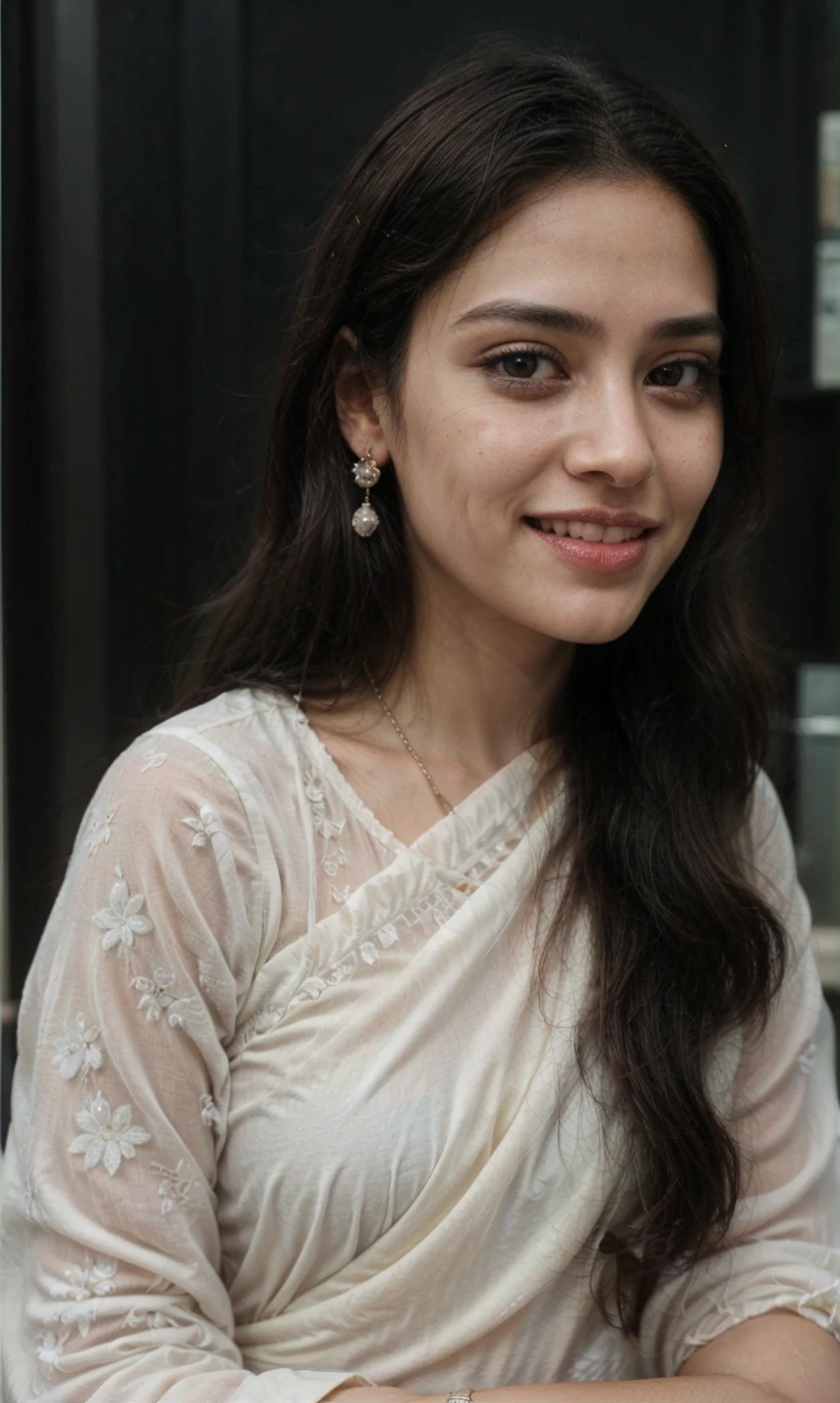 south asian facial features. girl. Should look very beautiful. pretty. Highly detailed and hyper realistic. The skin texture should be highly detailed and extremely accurate. thick black hair and brown eyes. Face must be accurate. Highly detailed face and facial features. Extremely accurate representation of face and facial features. Face should be highly detailed and hyper realistic. wide smile. teeth exposed smile.