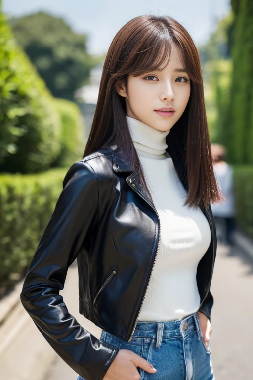 ((top quality、In 8K、masterpiece:1.harp focus:1.2、beautiful woman perfect body:1.4、slibs:1.2、((medium hair、Straight hair:1.2))、(turtle neck、rider jacket、jean:1.1)、(rain、distance:1.2)、Wet body:1.5、3D texture、eye for detail、brown hair、Very shiny hair、rear view、Improve hair quality、Korean style hair