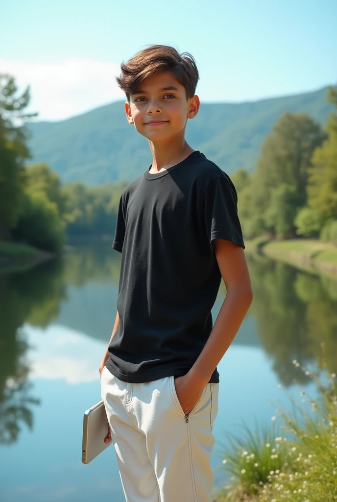 A realistic picture of a 1 boy standing on the river bank wearing a stylish black t shirt and white pants at the camera with an i phone