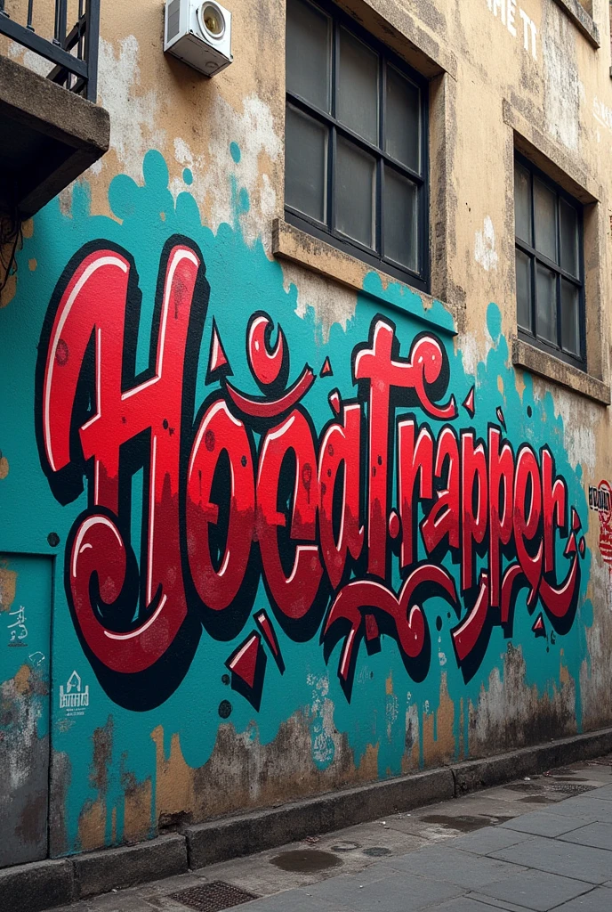 the title HOODTRAPPER in graffiti and written on a wall of a building