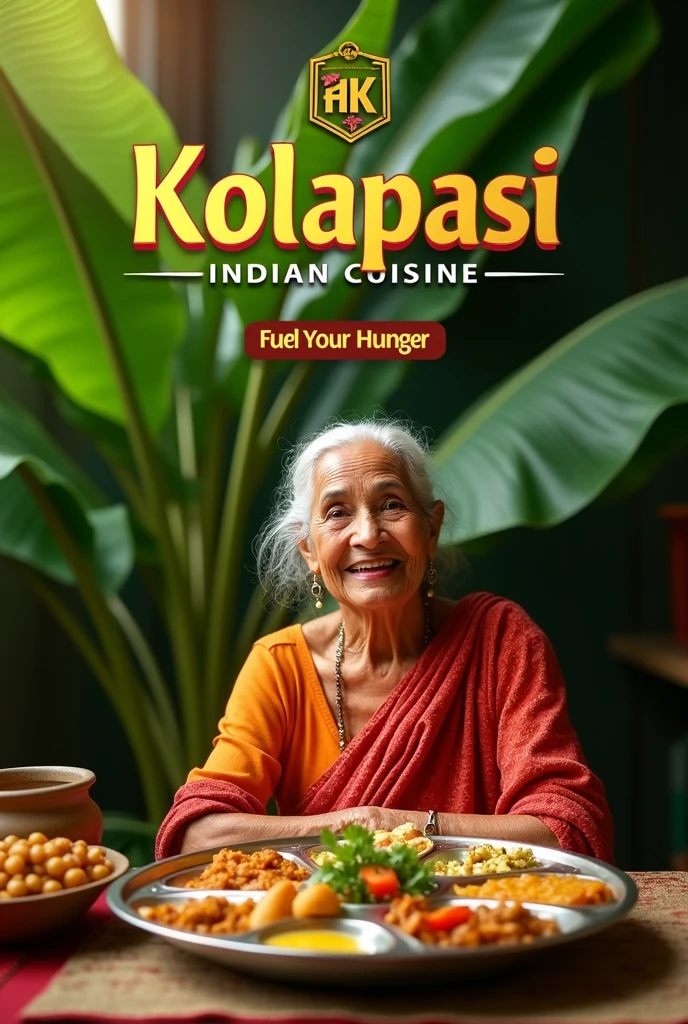 banana leaf background where a happy old lady with restaurant name as kolapasi Indian cuisine a k logo with Thali plate and tag line as fuel your hunger
