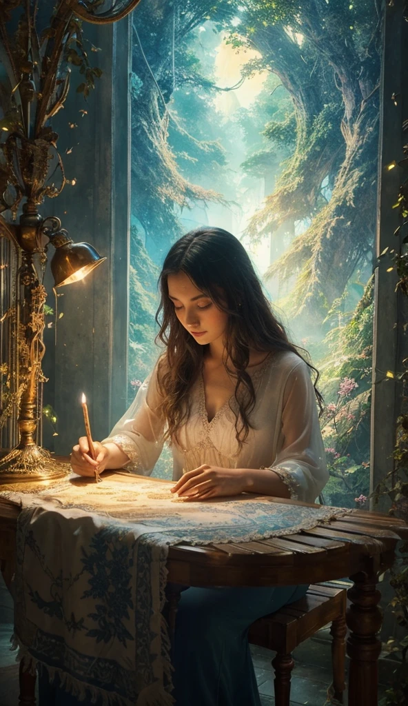 Central Focus: Feature the Whispering Veil as the central element. The Veil should appear as a shimmering, translucent curtain of light and mist that seems to ripple and whisper. It could have a soft, ethereal glow with hints of dream-like colors—silvers, blues, and purples.Foreground: Place Aeris in a contemplative pose at the edge of the Veil. She should appear as if she’s reaching out or about to step through it, embodying a sense of anticipation and wonder.Background:Vyrelyn: Beyond the Veil, hint at the realm of Vyrelyn with a glimpse of its surreal, magical landscapes—perhaps a swirling sky with two moons, glowing flora, or fantastical creatures.Contrast: The ordinary world should be subtly visible on the other side of the Veil, creating a striking contrast with Vyrelyn’s mystical allure.Title Text:Placement: Position the title "The Whispering Veil" prominently, either across the top or bottom of the cover.Font: Use a mystical, elegant font that reflects the magical and dream-like nature of the story. Consider incorporating subtle embellishments or glowing effects to enhance the title's prominence.
