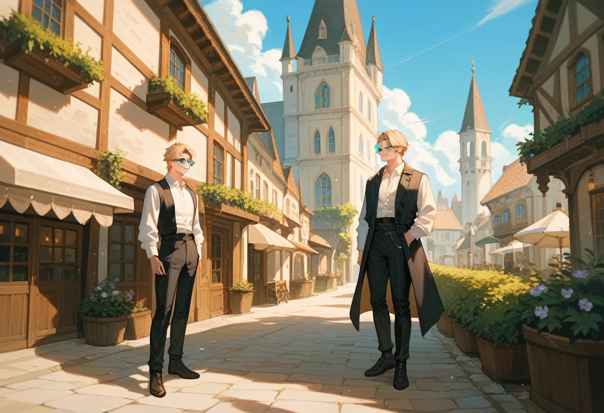 masterpiece, high quality, (1_man), (full body), blond hair, blue eyes, white shirt, black waistcoat, glasses, black pants, medieval city in background