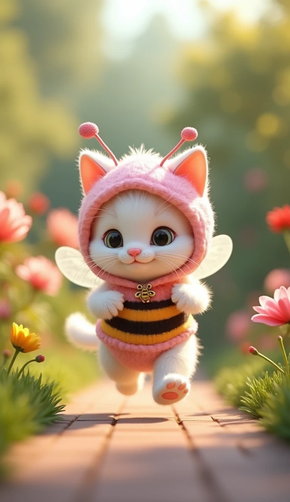 3d cute white baby kitten character、Wearing a happy pink bee costume、running、House garden、masterpiece, Background Blur, shut up., Belt decorated with a bee、Highest quality, Close your mouth, 