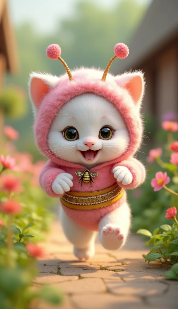 3d cute white baby kitten character、Wearing a happy pink bee costume、running、House garden、masterpiece, Background Blur, shut up., Belt decorated with a bee、Highest quality, Close your mouth,