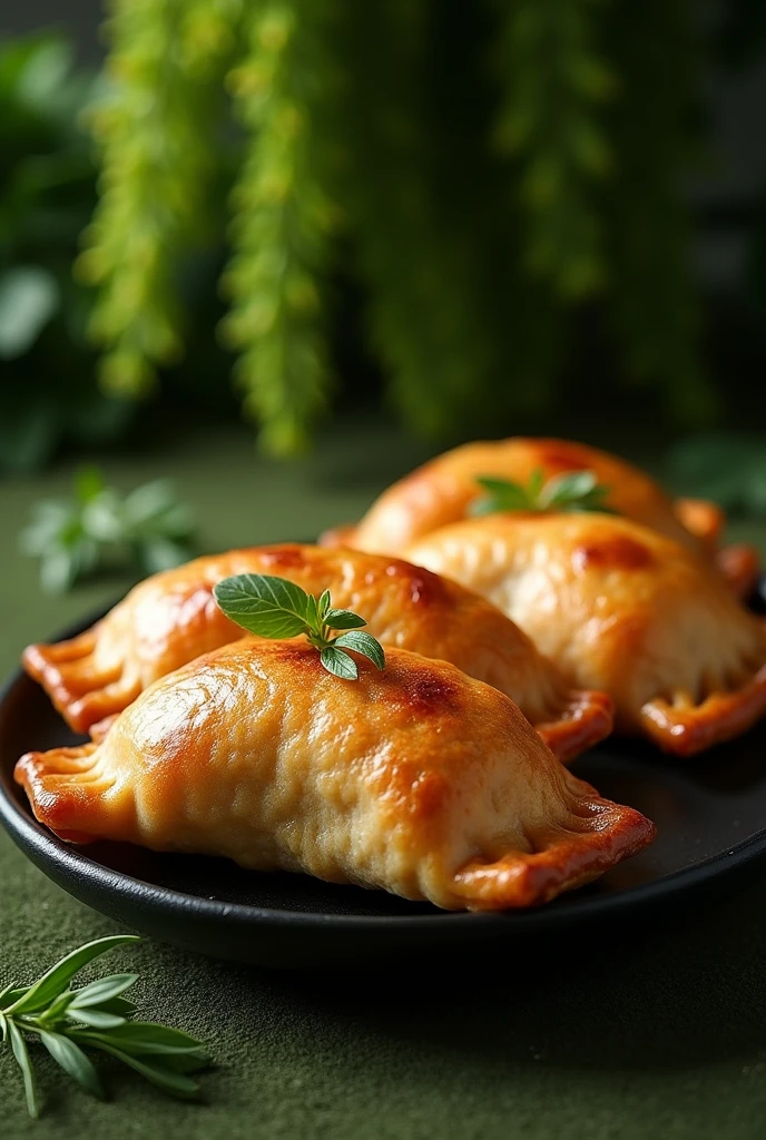 Advertising image of ham and cheese empanadas on a black plate with a moss green background