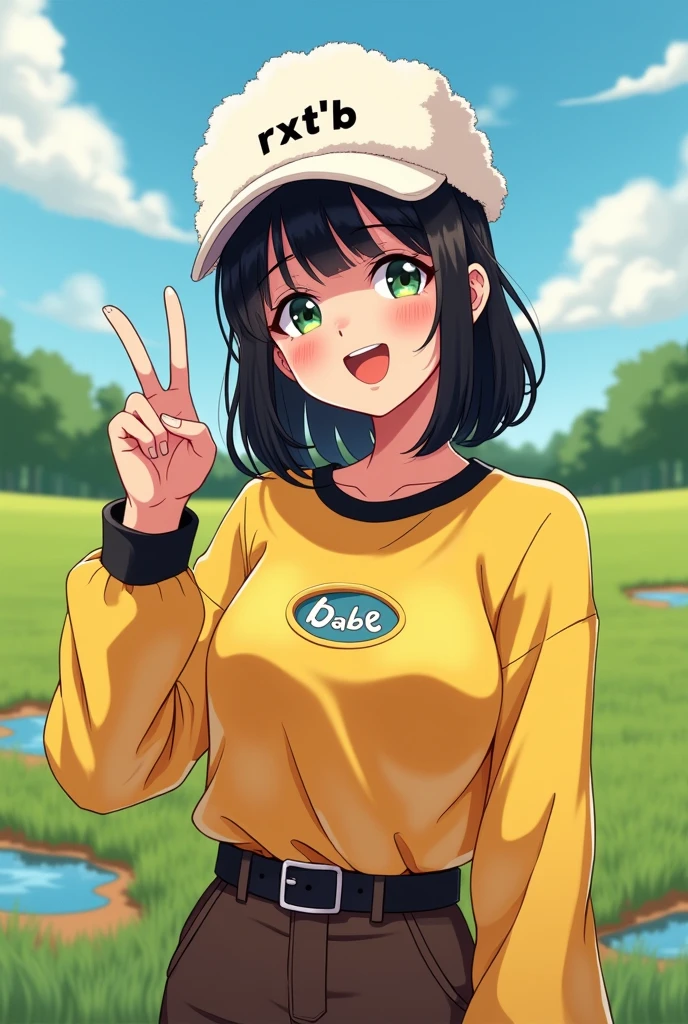 A selfie of a black-haired girl wearing a fluffy white cap with black letters embroidered on it. "Rxt B" The young woman is smiling and making a peace sign with her right index and middle fingers. She is wearing a yellow long-sleeved shirt with black trim. The center of the shirt has a small circular opening with white letters that read: "babe" She was also wearing dark brown trousers, with a black belt on top. She took a photo of herself outdoors, the background was a green field, with small puddles of water, a blue sky with a few white clouds, the light was coming from above, and there was sunlight behind her. She had a sweet, pretty face.