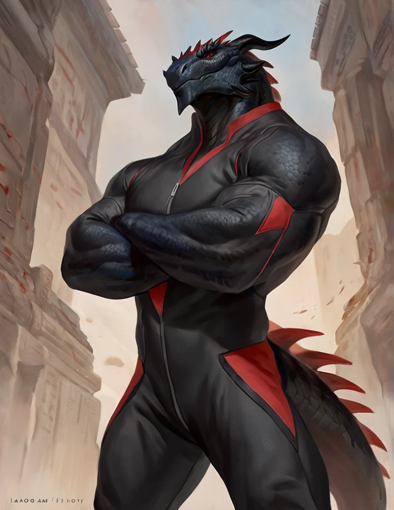 a ferocious male dragonborn, solo, muscular detailed body, standing with crossed arms, full body, black color body, scalie, red eyes, pants, armless bodysuit, comicbook style, best quality, 4k, ultra-detailed, by laobai, by taran fiddler, by honovy