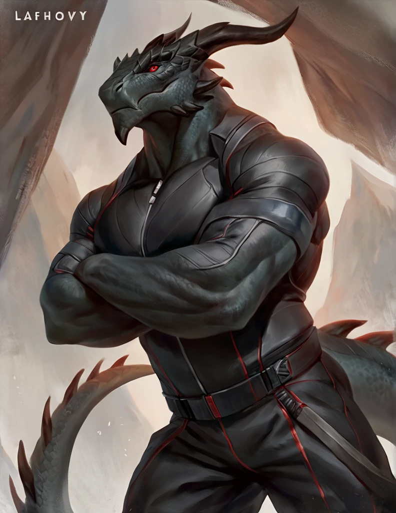a ferocious male dragonborn, solo, muscular detailed body, standing with crossed arms, full body, black color body, scalie, red eyes, pants, armless bodysuit, comicbook style, best quality, 4k, ultra-detailed, by laobai, by taran fiddler, by honovy