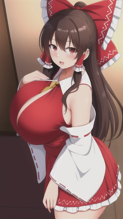 Hakurei Reimu, huge breasts, standing, Heart-shaped eyes Ahe facial expression Open mouth