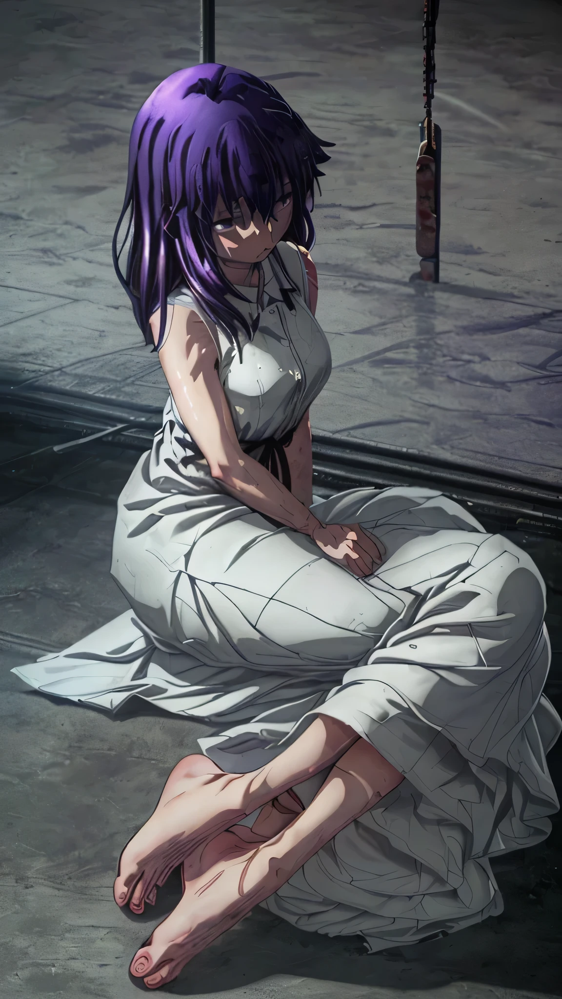 Sakura matou, with loose purple hair, purple eyes, (((wearing a short, sleeveless, buttoned orange prison dress))), (((inside a dirty punishment cell of a maximum security prison, surrounded with bars, empty and with an unpaved floor)))), ((sitting in the middle of the punishment cell of the maximum security prison with his hands behind his head and his legs in front showing the soles of his feet)), (full body), (barefoot), (beautiful feet), dusk, low light, gloomy atmosphere, with an emotional state of worry