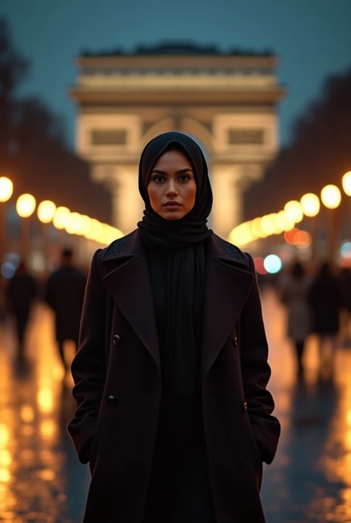Creating a cinematic shot of a gorgeous woman walking in the middle of a park. She is dressed in elegant winter fashion, with a long hijab wrapped around her neck, covering all her hair. Her face is symmetrical and stunning, with natural makeup, and she is exuding a sultry, flirty look. The scene is set at night with drizzling rain, wet streets, and lots of pedestrians strolling around. The Arc de Triomphe building is standing majestically in the background, illuminated against the night sky.