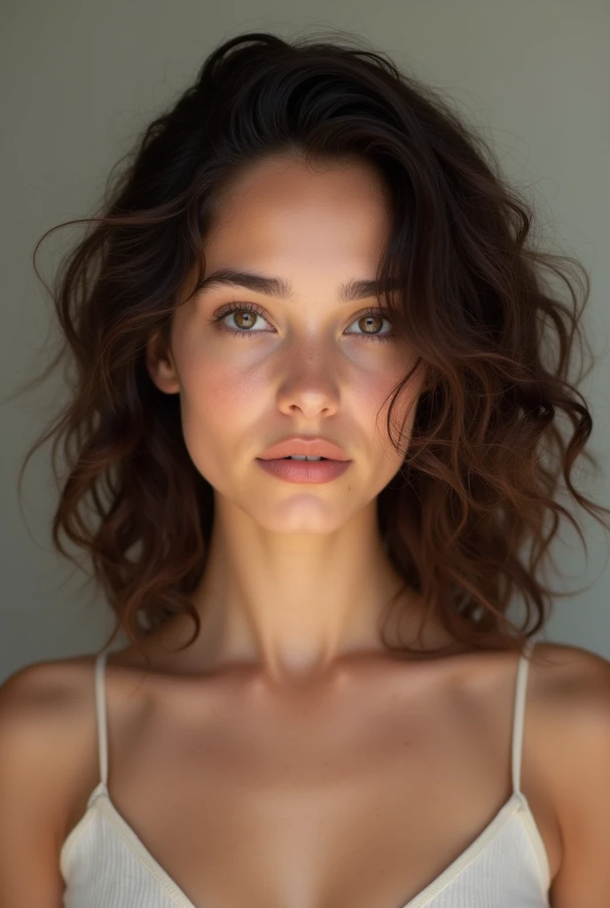 A brunette girl with curly hair and medium breasts, take a realistic photo