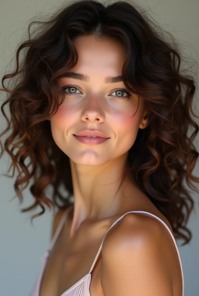 A brunette girl with curly hair and medium breasts, take a realistic photo