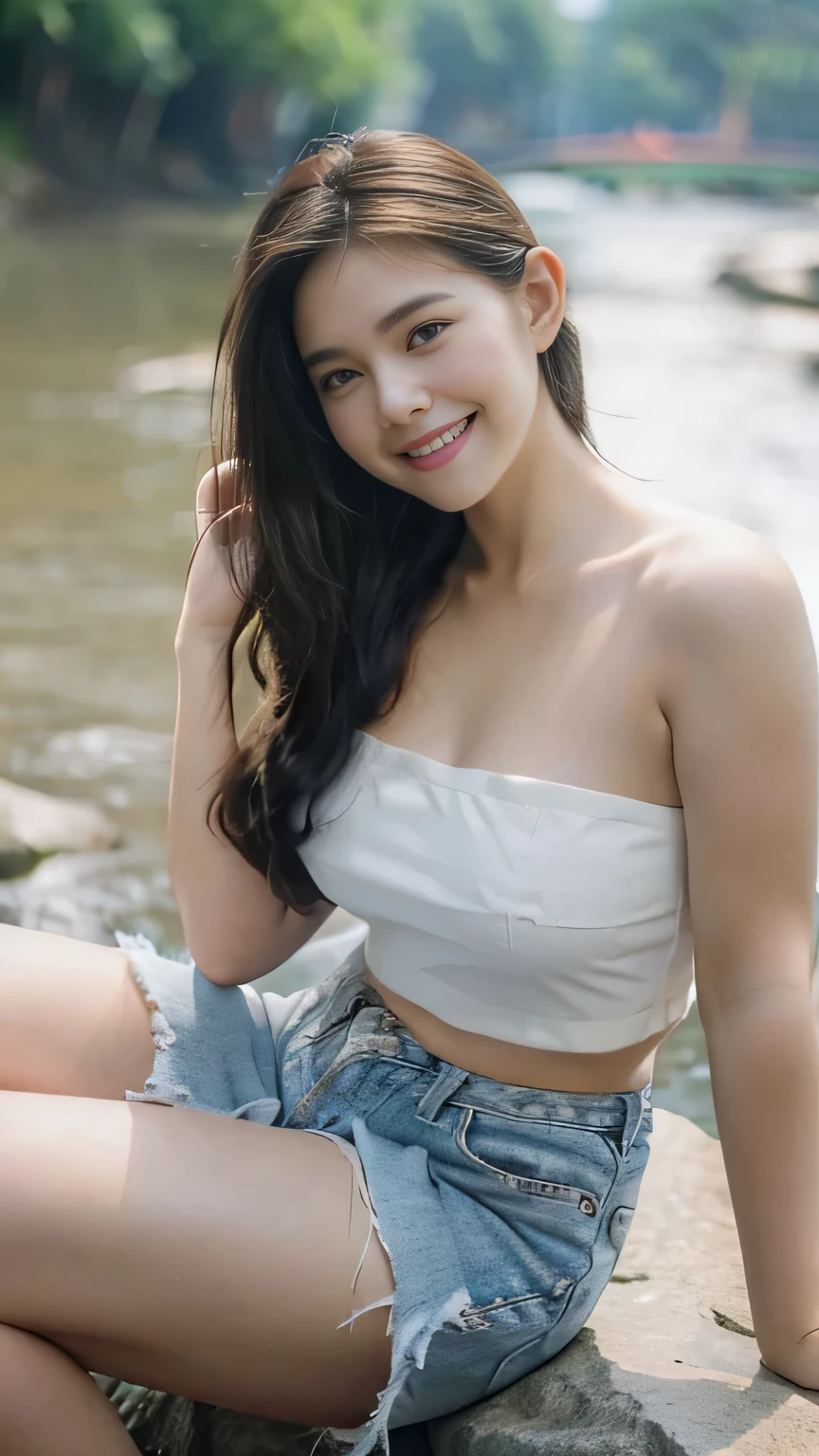 Chubby girl, long bob hair, smile, wearing a white strapless tanktop, show cleavage, hot denim short pants, big thighs, sitting on a rock in the river, long shot