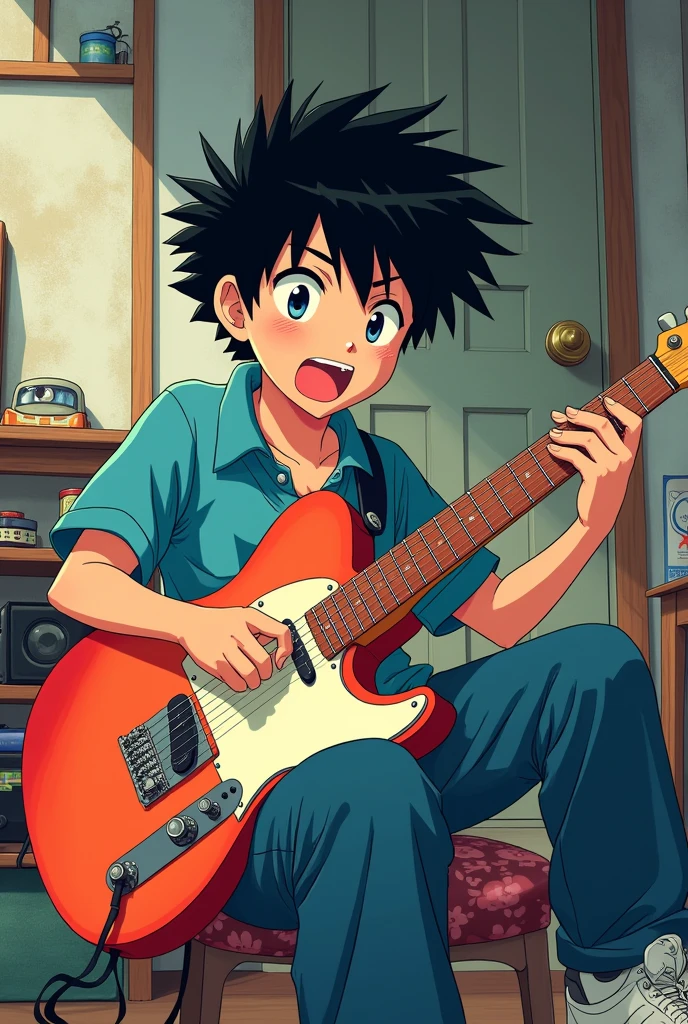 The characters are in the style of Japanese animation of the 80's and 90's. This main character (male) is a . He comes from a middle-class family. The boy plays an electric guitar. The camera angle is low.
