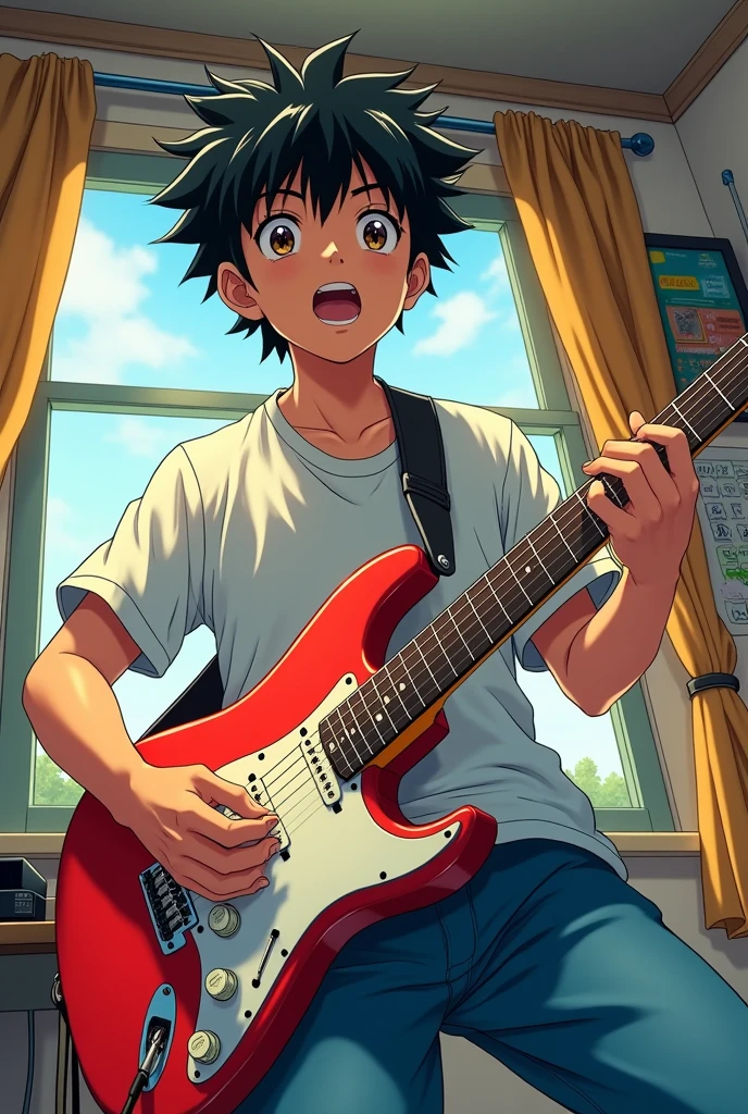 The characters are in the style of Japanese animation of the 80's and 90's. This main character (male) is a . He comes from a middle-class family. The boy plays an electric guitar. The camera angle is low.