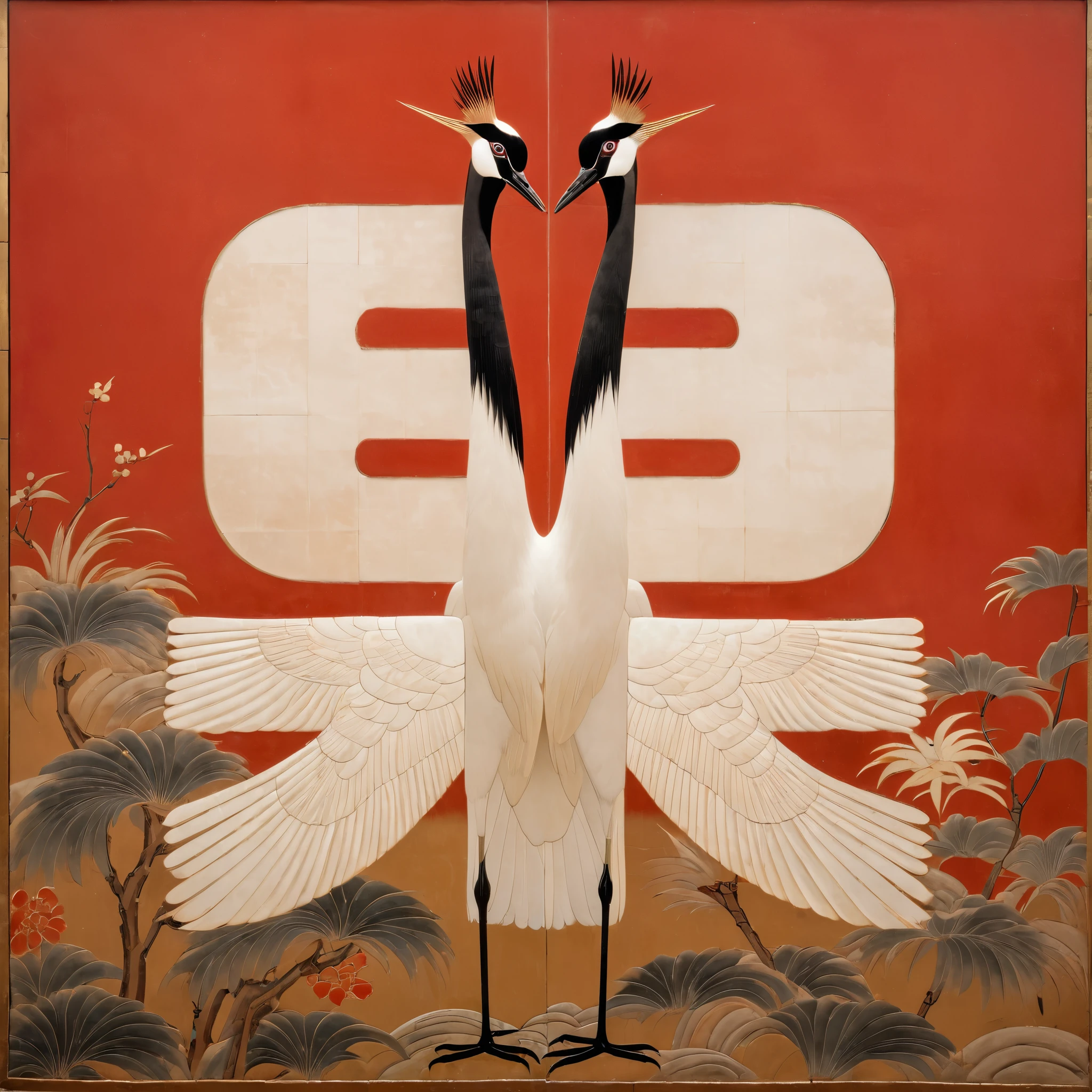 A red-crowned crane on a red background,There is a cut panel in the background, Japanese Art Museum, Dark white and light brown, Elegant and balanced, Standard collection, song huizong, Song Dynasty, Mosaic, Flat composition