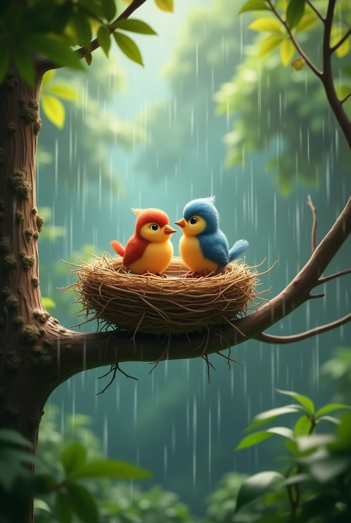 In Cinematic 3d cartoon style"nest on the tree with two birds siting on the branch of tree, tree lies in forest background is rainy season image like YouTube thumbnail,the size ratio of image is 16:9"