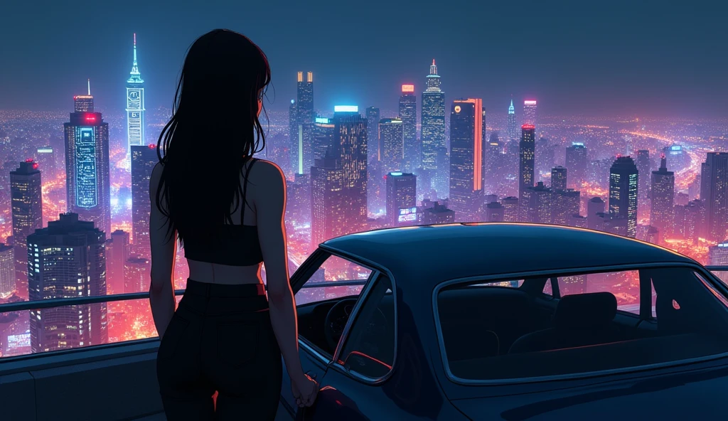car、carに寄りかかって夜景を眺める黒色の髪を持つ女, The view of the city is like a night view., Cool black outfit, neon, Hard Shadows, masterpiece, Highest quality, Complex, Scenery is the main thing, Vintage, Film Grain, Incomplete details,City Pop,Retro Pop,1980s anime illustration style