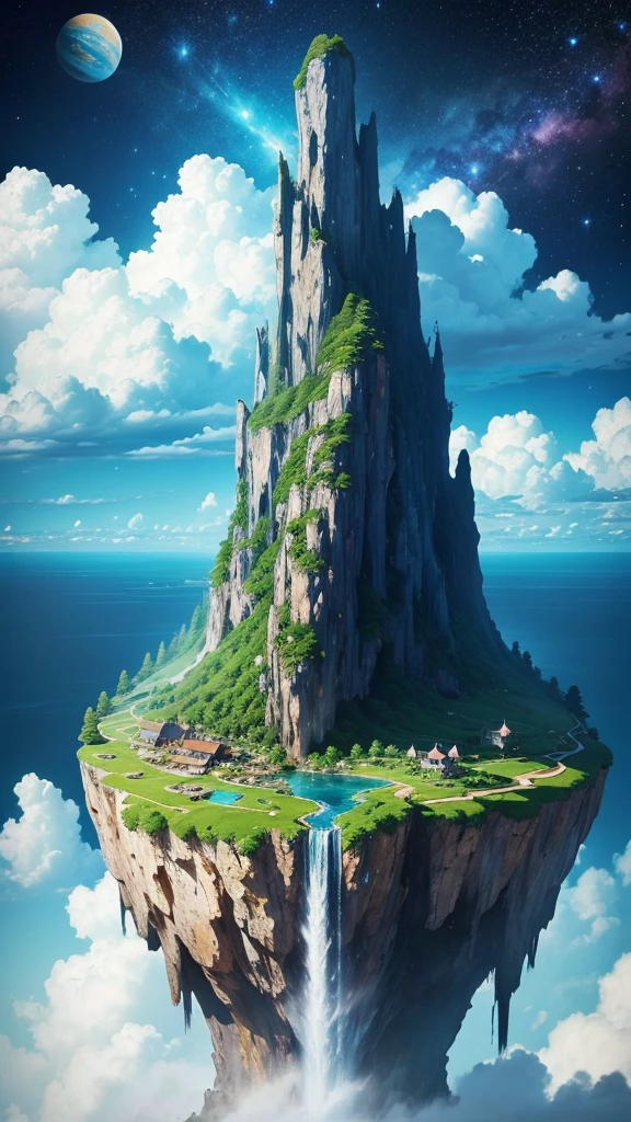 Fantasy Sky Island、Landscape with a waterfall、Planets and stars in the sky々、A mysterious island floating in a sea of clouds、Fantastic natural scenery in blue and green colors