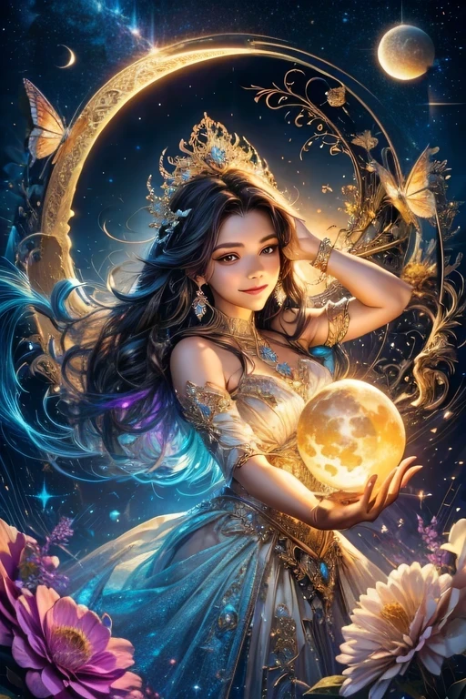 A light orb with magician circle around the orb, hand, many shining butterfly, beautiful smile, sparkle sky, shining, gust of wind, light bright flowers, sun and moon, dark light of fantastic and cosmological with universal. Amazing view very bright and warm starry. Detail, HD, Enchanted. Multiple colours. Beautiful perfect face and anatomy. Amazing bright dress. Very epic and bright, best pose. A goddess. Golden shining accessories. Cute. Sky half bright, half starry dark