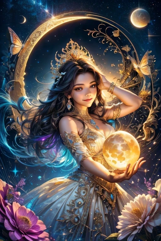 A light orb with magician circle around the orb, hand, many shining butterfly, beautiful smile, sparkle sky, shining, gust of wind, light bright flowers, sun and moon, dark light of fantastic and cosmological with universal. Amazing view very bright and warm starry. Detail, HD, Enchanted. Multiple colours. Beautiful perfect face and anatomy. Amazing bright dress. Very epic and bright, best pose. A goddess. Golden shining accessories. Cute. Sky half bright, half starry dark