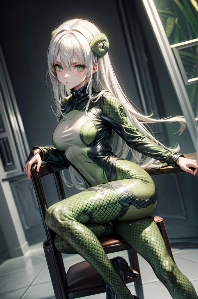 snake girl,Snake tights, green,green eyes, Snake Eyes, White hair, expressionless,Sit on a chair with legs spread