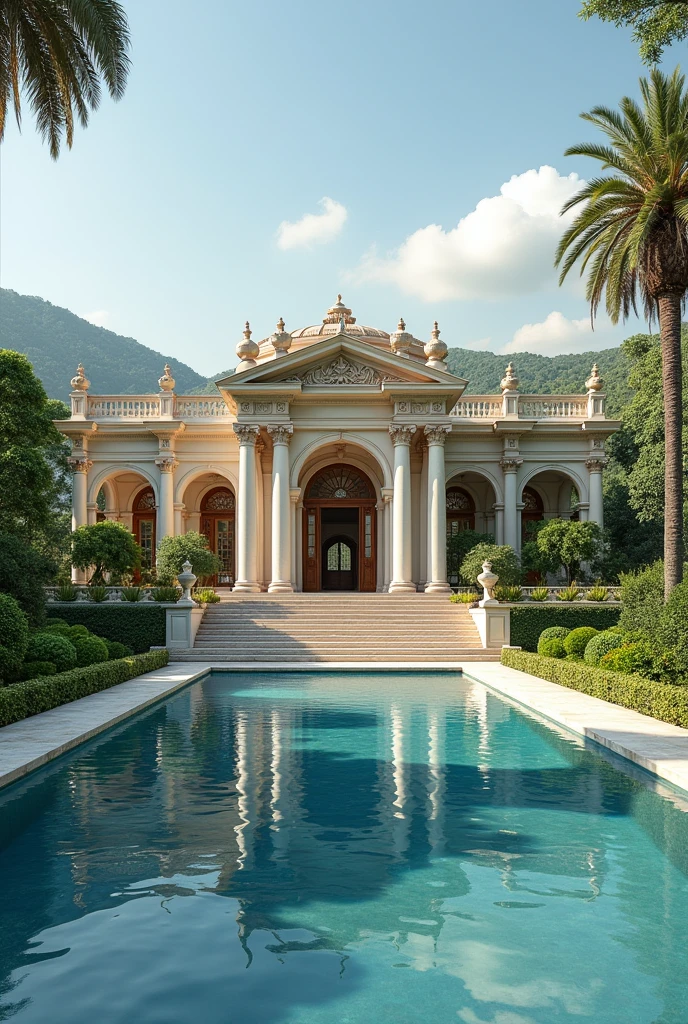 A big mansion with a pool in front in india , realistic in landscape